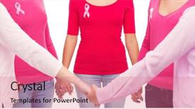  Presentation with breast cancer awareness - Cool new PPT layouts with healthcare people and medicine concept - close up of women in blank shirts with pink breast cancer awareness ribbons holding hands over white background backdrop and a coral colored foreground