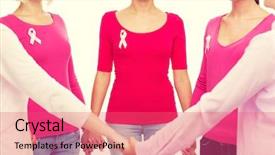  Presentation with breast cancer awareness - Presentation design with healthcare people and medicine concept - close up of smiling women in blank shirts with pink breast cancer awareness ribbons holding hands over white background background and a coral colored foreground