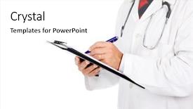  Presentation with collaborative writing - Slide set consisting of healthcare prescriptions - detail of doctor writing background and a  colored foreground