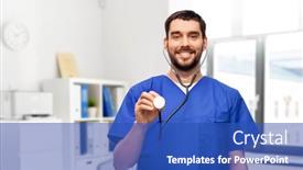  Presentation with medical smiling doctor - PPT theme with healthcare-profession-and-medicine-concept background and a teal colored foreground