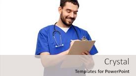  Presentation with medical smiling doctor - Presentation theme enhanced with healthcare-profession-and-medicine-concept background and a light gray colored foreground