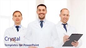  Presentation with coats - Slide deck enhanced with healthcare profession and medicine concept - group of smiling male doctors in white coats with clipboard and stethoscope over clinic background background and a sky blue colored foreground