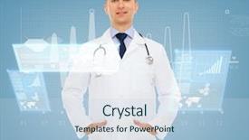  Presentation with healthcare technology - Cool new presentation design with healthcare profession future technology and medicine concept - smiling male doctor with stethoscope in coat over cardiogram and virtual screen background backdrop and a light blue colored foreground