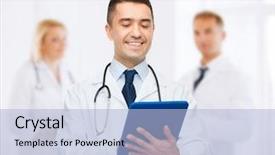  Presentation with healthcare - Colorful presentation theme enhanced with healthcare profession people and medicine concept - smiling male doctor in white coat with tablet pc over group of medics at hospital background backdrop and a light blue colored foreground