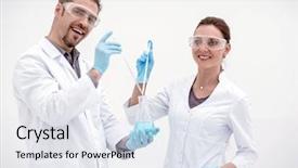  Presentation with spectrum laser beams light - Audience pleasing PPT theme consisting of healthcare quality doctors - two cheerful scientists biologist backdrop and a sky blue colored foreground