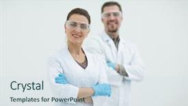  Presentation with modern - Audience pleasing PPT layouts consisting of healthcare quality doctors - two modern young scientists backdrop and a sky blue colored foreground