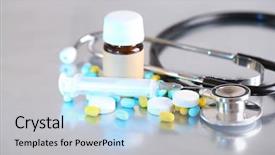  Presentation with syringe - Cool new presentation theme with medicina preventiva - stethoscope syringe pills and bottle backdrop and a sky blue colored foreground