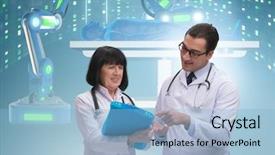  Presentation with robot healthcare - Presentation consisting of robot healthcare - two doctors in telemedicine concept background and a light blue colored foreground