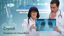  Presentation with robot healthcare - Slides having robot healthcare - two doctors in telemedicine concept background and a light blue colored foreground