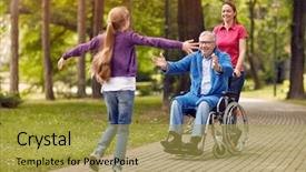  Presentation with grandfather - Slide set with healthcare spending - cheerful disabled grandfather enjoying background and a gold colored foreground