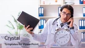  Presentation with working in a clinic - Audience pleasing presentation theme consisting of healthcare stress management - young handsome doctor working backdrop and a  colored foreground