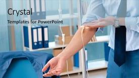  Presentation with blood transfusion - Slides enhanced with healthcare stress management - young male employee in blood background and a  colored foreground