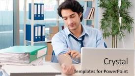  Presentation with blood transfusion - Slide deck featuring healthcare stress management - young male employee in blood background and a  colored foreground