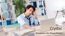  Presentation with blood transfusion - Audience pleasing slide deck consisting of healthcare stress management - young male employee in blood backdrop and a  colored foreground