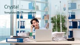  Presentation with blood transfusion - Presentation design consisting of healthcare stress management - young male employee in blood background and a  colored foreground