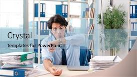  Presentation with blood transfusion - Audience pleasing slides consisting of healthcare stress management - young male employee in blood backdrop and a light blue colored foreground