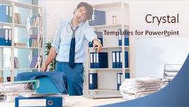  Presentation with blood transfusion - Amazing PPT theme having healthcare stress management - young male employee in blood backdrop and a  colored foreground