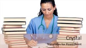  Presentation with many books - Amazing theme having healthcare students - attractive doctor woman with many backdrop and a coral colored foreground