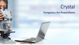  Presentation with microscope - PPT theme with healthcare students - chinese scientist woman with microscope background and a sky blue colored foreground