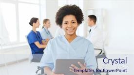  Presentation with african american meeting - PPT theme featuring healthcare team - clinic profession people and medicine background and a sky blue colored foreground