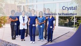  Presentation with stand - PPT theme having healthcare team with id badges background and a sky blue colored foreground