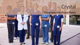  Presentation with healthcare directive - Audience pleasing slides consisting of healthcare team with id badges backdrop and a coral colored foreground