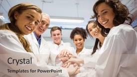  Presentation with students - Slides consisting of healthcare teamwork - science students and lecturer putting background and a soft green colored foreground