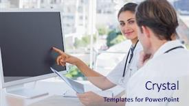  Presentation with working together - Beautiful presentation theme featuring healthcare technology - doctor showing the screen backdrop and a sky blue colored foreground