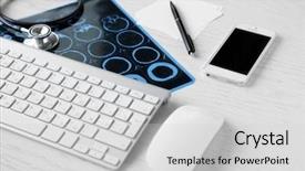  Presentation with healthcare technology - Colorful presentation design enhanced with healthcare technology - medical still life with keyboard backdrop and a light gray colored foreground