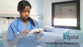  Presentation with healthcare technology - Slide set featuring healthcare technology - portrait of a female doctor background and a light blue colored foreground
