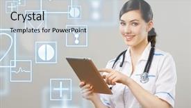  Presentation with healthcare technology - PPT theme having healthcare technology - woman holding a tablet pc background and a lemonade colored foreground