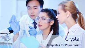  Presentation with biochemical medical laboratory - Slides with healthcare technology - young medical technicians working background and a sky blue colored foreground
