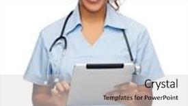  Presentation with nurse technology - Cool new slides with healthcare technology and medicine concept - smiling female african american doctor or nurse with stethoscope and tablet pc computer backdrop and a light gray colored foreground