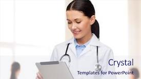  Presentation with healthcare technology - Slide set featuring healthcare technology and medicine concept - smiling female doctor with stethoscope and tablet pc computer background and a sky blue colored foreground