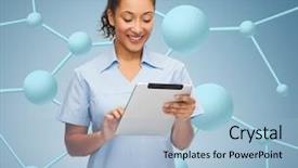  Presentation with nurse technology - Amazing presentation theme having healthcare technology and medicine concept - smiling female african american doctor or nurse with tablet pc computer backdrop and a light blue colored foreground