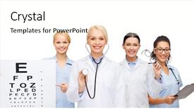  Presentation with eye medicine - Cool new PPT theme with healthcare vision and medicine concept - smiling female eye doctors and nurses with eye exam chart glasses and clipboard backdrop and a cream colored foreground