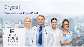  Presentation with eye medicine - Theme featuring healthcare vision and medicine concept - smiling eye doctors and nurses with eye exam chart glasses and clipboard background and a sky blue colored foreground