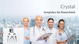  Presentation with eye medicine - PPT layouts featuring healthcare vision and medicine concept - smiling female eye doctors and nurses with eye exam chart glasses and clipboard background and a sky blue colored foreground