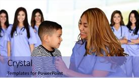  Presentation with nurses - Beautiful slide set featuring healthcare worker - group of nurses with patient backdrop and a light blue colored foreground