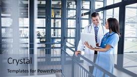  Presentation with medical laptop - Colorful theme enhanced with healthcare worker - medical team looking at laptop backdrop and a seafoam green colored foreground