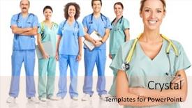  Presentation with medical - Amazing slides having healthcare worker - smiling medical doctors with stethoscopes backdrop and a coral colored foreground