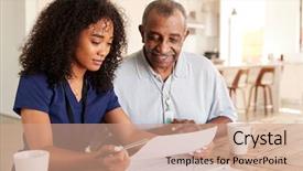  Presentation with senior worker - Slide deck with healthcare worker checking test results background and a coral colored foreground