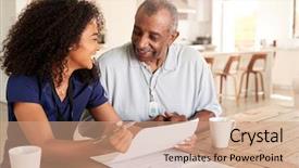  Presentation with senior worker - Amazing slide deck having healthcare worker sitting at table backdrop and a coral colored foreground