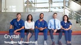  Presentation with healthcare workers - Colorful PPT layouts enhanced with healthcare workers sitting in hospital backdrop and a ocean colored foreground