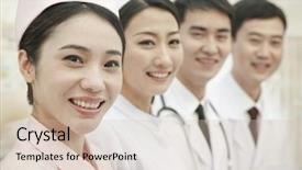  Presentation with healthcare workers - Audience pleasing PPT theme consisting of healthcare workers standing in a row china backdrop and a soft green colored foreground
