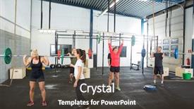  Presentation with athletes - Beautiful presentation design featuring healthclub - female cross trainer assisting athletes backdrop and a  colored foreground