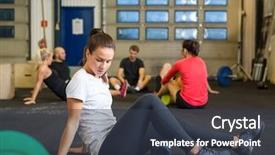  Presentation with crossfit - Slides consisting of healthclub - full length of young woman background and a tawny brown colored foreground