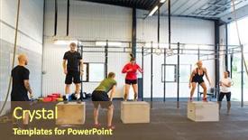  Presentation with young athletes box jumping - PPT theme with healthclub - group of young male background and a tawny brown colored foreground