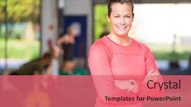  Presentation with athlete - Cool new PPT theme with healthclub - portrait of happy female athlete backdrop and a coral colored foreground