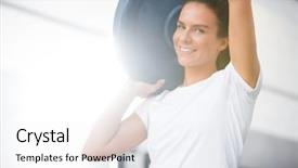  Presentation with barbell - Cool new slides with healthclub - portrait of smiling young woman backdrop and a  colored foreground